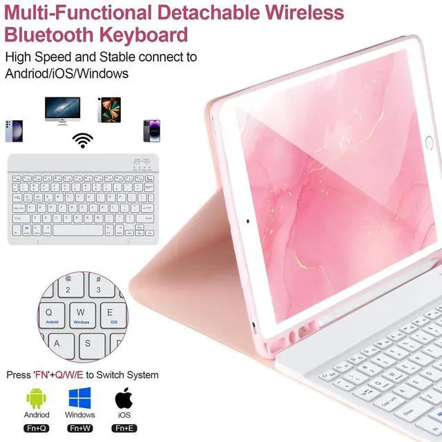 Alt view image 3 of 5 - Keyboard Case for iPad 9/8/7th Gen 10.2'',Case with Keyboard ipad 10.2 inch,Keyboard for iPad 9th Gen,Detachable Bluetooth Keyboard for iPad 10.2,iPad Keyboard Case 9th Gen with Pencil Holder,Pink-W