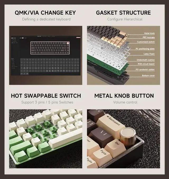 Alt view image 2 of 5 - KG18 65% Compact Mechanical Keyboard - QMK/VIA Programmable, Hot-Swappable, Gasket Mount, Volume Knob, 32-bit ARM4 Chip, RGB Backlit (68 Keys, USB-C, Aluminum Frame) (Brown)