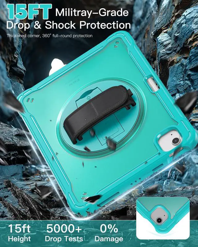 Alt view image 3 of 5 - BADGEYUE for iPad Air 5th/4th Generation Case 10.9 inch (2022/2020), iPad Pro 11 inch (4th/3rd/2nd/1st Gen) Clear Cover with Pencil Holder, 360deg Rotate Stand&Hand Strap/Shoulder Strap (Light Blue)