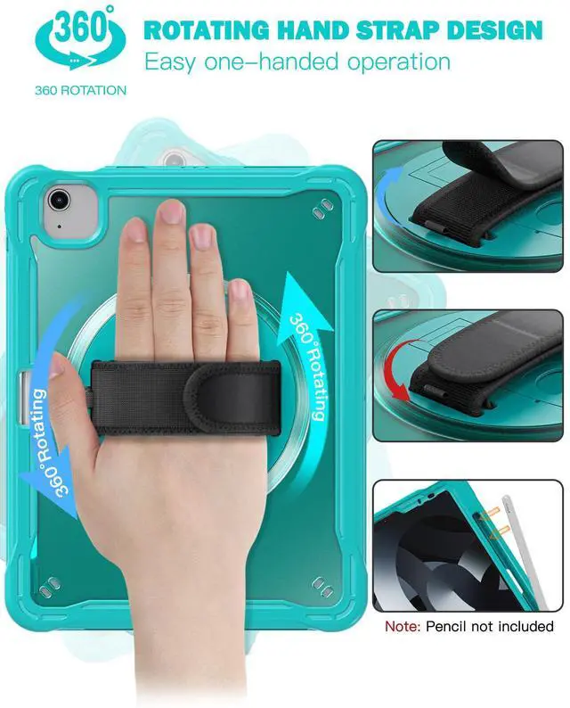 Alt view image 5 of 5 - BADGEYUE for iPad Air 5th/4th Generation Case 10.9 inch (2022/2020), iPad Pro 11 inch (4th/3rd/2nd/1st Gen) Clear Cover with Pencil Holder, 360deg Rotate Stand&Hand Strap/Shoulder Strap (Light Blue)