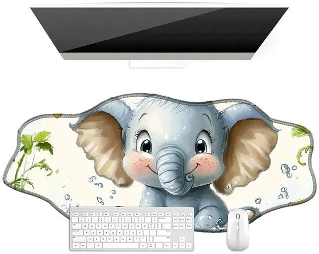 Main image of BFDHGQZC Baby Elephant Desk Mat Irregular Shape Large Mouse Pad 35.4"x15.75" Desk Rubber Base Mousepad with Stitched Edges Big Desk Pad for Work,Game,Office,Home