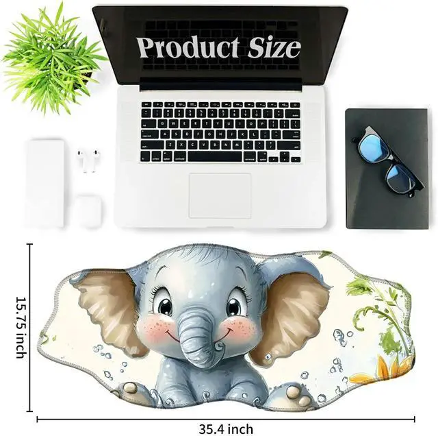 Alt view image 2 of 5 - BFDHGQZC Baby Elephant Desk Mat Irregular Shape Large Mouse Pad 35.4"x15.75" Desk Rubber Base Mousepad with Stitched Edges Big Desk Pad for Work,Game,Office,Home