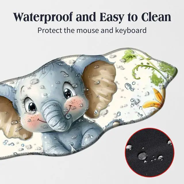 Alt view image 3 of 5 - BFDHGQZC Baby Elephant Desk Mat Irregular Shape Large Mouse Pad 35.4"x15.75" Desk Rubber Base Mousepad with Stitched Edges Big Desk Pad for Work,Game,Office,Home