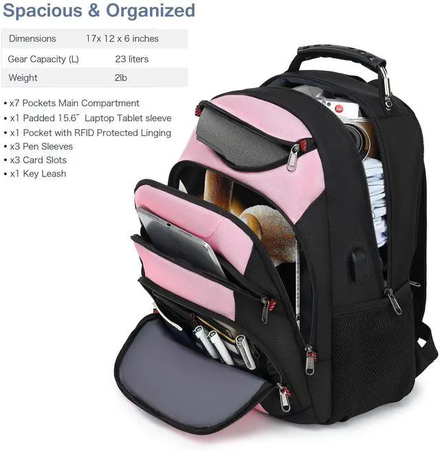 Alt view image 2 of 5 - Boavan Laptop Backpack for men, 15.6 inch Laptop Bag with USB Port, Waterproof Travel Work Backpack Purse, Anti-Theft Teacher Nurse Doctor Casual Bookbags Office Business backpack,PinkBlack
