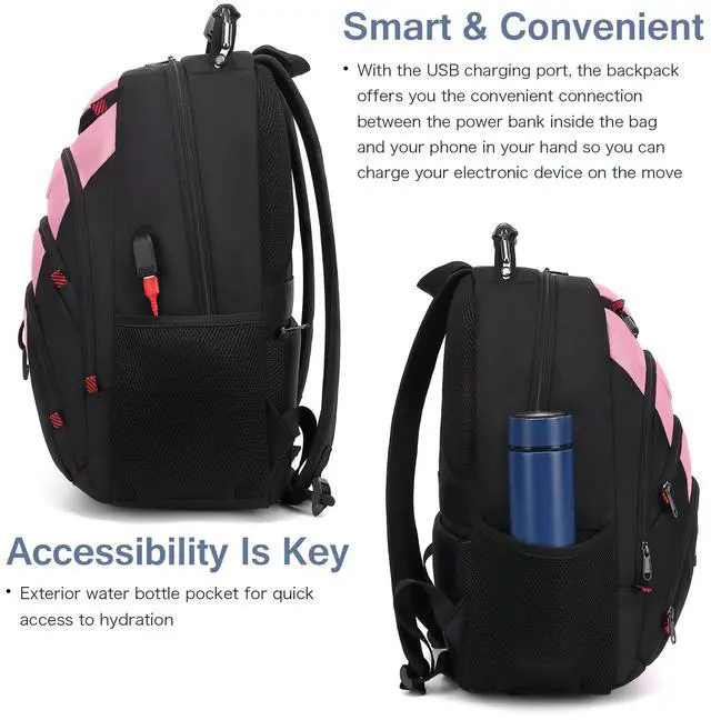 Alt view image 5 of 5 - Boavan Laptop Backpack for men, 15.6 inch Laptop Bag with USB Port, Waterproof Travel Work Backpack Purse, Anti-Theft Teacher Nurse Doctor Casual Bookbags Office Business backpack,PinkBlack