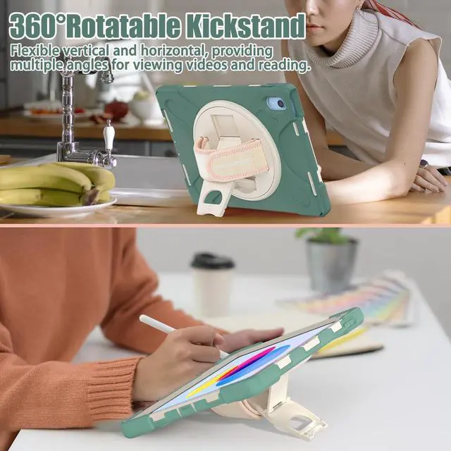 Alt view image 4 of 5 - BRAECNstock Case for Apple iPad (A16) 11th/10th Generation 11"/10.9'' 2025/2022, Shockproof Protective Case with Screen Protector, Pencil Holder, Rotating Stand&Hand Strap, Emerald Green