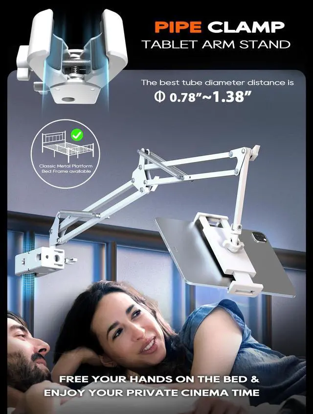 Alt view image 2 of 5 - Tablet Stand, Tablet Mount Adjustable with Clamp for Round tube, Universal Flexible Tablet Holder with 360 Degree Rotation for iPad/iPhone/iPad Pro/N-Switch,or Other 4.5~13.5 Inches Devices (White)
