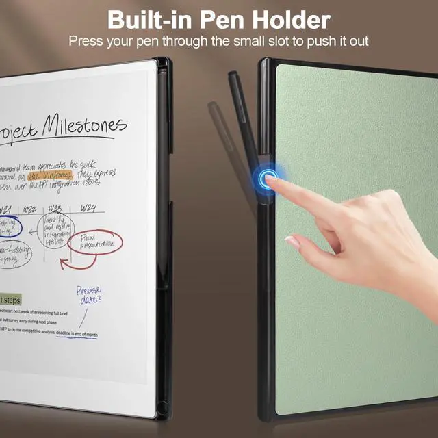 Alt view image 3 of 5 - Caweet Stand Case for Remarkable Paper Pro 11.8 Inch 2024, Hard Back Shell Protective Auto Sleep/Wake Book Folio Cover with Pen Holder and Hand Strap, Green