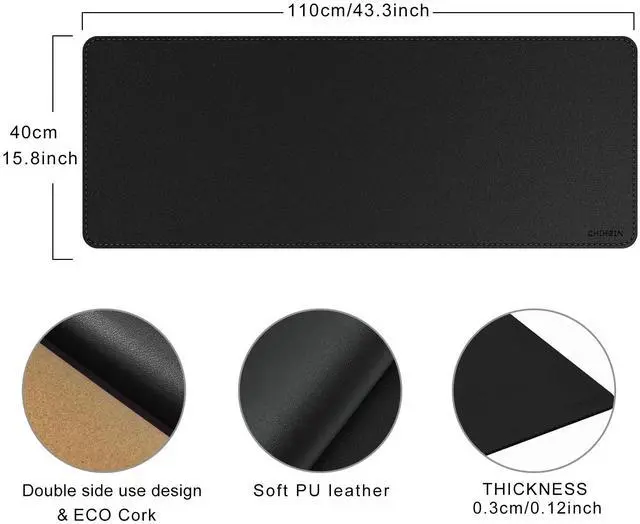 Alt view image 2 of 5 - Chihein 43" x 16" Desk Mat with Cork & PU Leather, Dual Sided Desk Pad, Waterproof Computer Desk Mat for Office, Gaming, Home (Black)