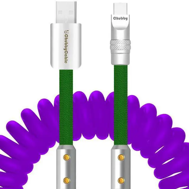 Main image of chubbycable Colorblock Chubby - Spring Braided Silicone Charge Cable Coiled USB C Cable Fast Charging Type C Charger Cord for Car, Purple+Green, USB-A to Type-C, 2.29FT-3.6FT