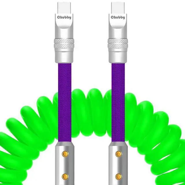 Main image of ChubbyCable Colorblock Chubby - Spring Braided Silicone Charge Cable - Coiled USB C Cable Fast Charging Cord for Car, Green+Purple, Type-C to Type-C, 2.29FT-3.6FT