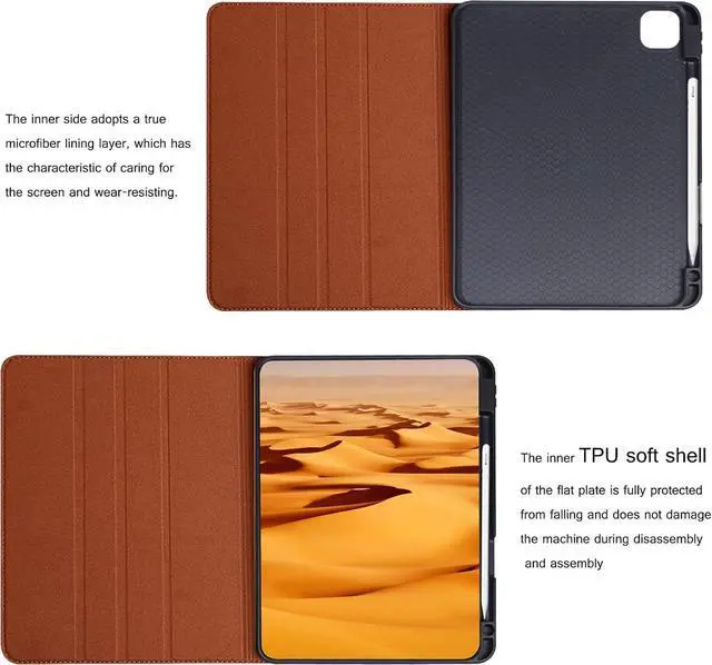 Alt view image 4 of 5 - CPNVWA Case for iPad Pro 11 Inch,4th/3rd/2nd/1st Generation(2022/2021/2020/2018) Genuine Leather Cover with Pencil Holder,Cowhide Folio Cover,Auto Sleep/Wake,Bohemian Brown