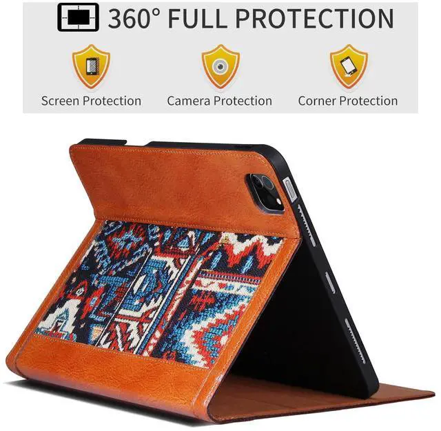 Alt view image 3 of 5 - CPNVWA Case for iPad Pro 11 Inch,4th/3rd/2nd/1st Generation(2022/2021/2020/2018) Genuine Leather Cover with Pencil Holder,Cowhide Folio Cover,Auto Sleep/Wake,Bohemian Brown