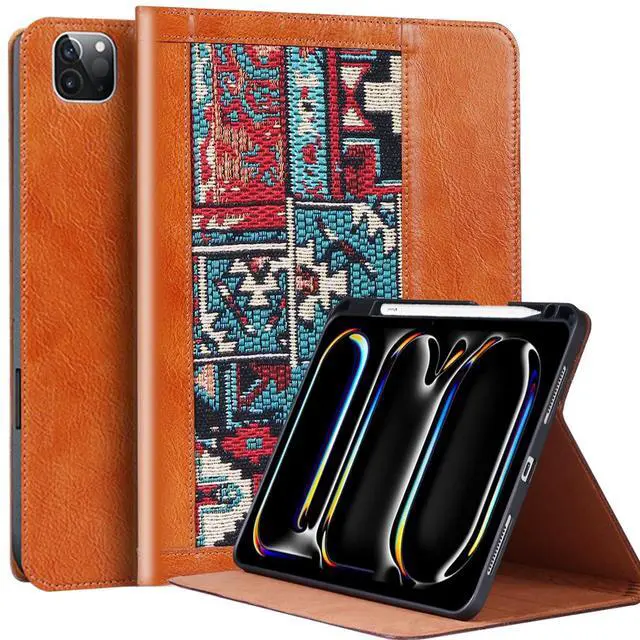 Main image of CPNVWA Case for iPad Pro 11 Inch,4th/3rd/2nd/1st Generation(2022/2021/2020/2018) Genuine Leather Cover with Pencil Holder,Cowhide Folio Cover,Auto Sleep/Wake,Bohemian Brown