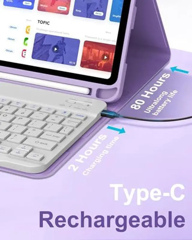 Alt view image 4 of 5 - D DINGRICH Keyboard Case for iPad 10th Generation(10.9", 2022), Rechargeable Detachable Wireless BT Keyboard, Smart Folio Protective Cover with Pencil Holder for 10.9 inch Apple iPad 10th Gen, Purple