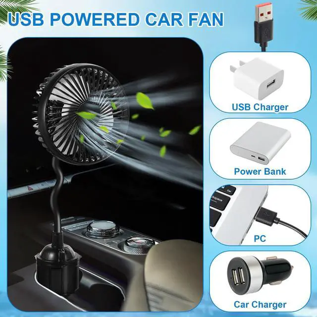 Alt view image 4 of 5 - DaisyInner 2pcs USB Powered Fan for Car Portable Vehicle Cooling Fan Mounted in Cup Holder 3 Speeds 360 Rotation with Flexible Gooseneck Adjustable Base Car Accessories for Truck SUV RV Supply