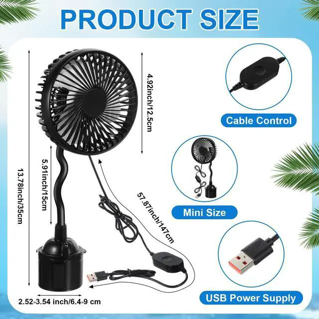 Alt view image 2 of 5 - DaisyInner 2pcs USB Powered Fan for Car Portable Vehicle Cooling Fan Mounted in Cup Holder 3 Speeds 360 Rotation with Flexible Gooseneck Adjustable Base Car Accessories for Truck SUV RV Supply