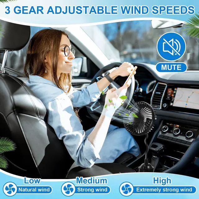 Alt view image 3 of 5 - DaisyInner 2pcs USB Powered Fan for Car Portable Vehicle Cooling Fan Mounted in Cup Holder 3 Speeds 360 Rotation with Flexible Gooseneck Adjustable Base Car Accessories for Truck SUV RV Supply