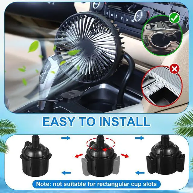 Alt view image 5 of 5 - DaisyInner 2pcs USB Powered Fan for Car Portable Vehicle Cooling Fan Mounted in Cup Holder 3 Speeds 360 Rotation with Flexible Gooseneck Adjustable Base Car Accessories for Truck SUV RV Supply