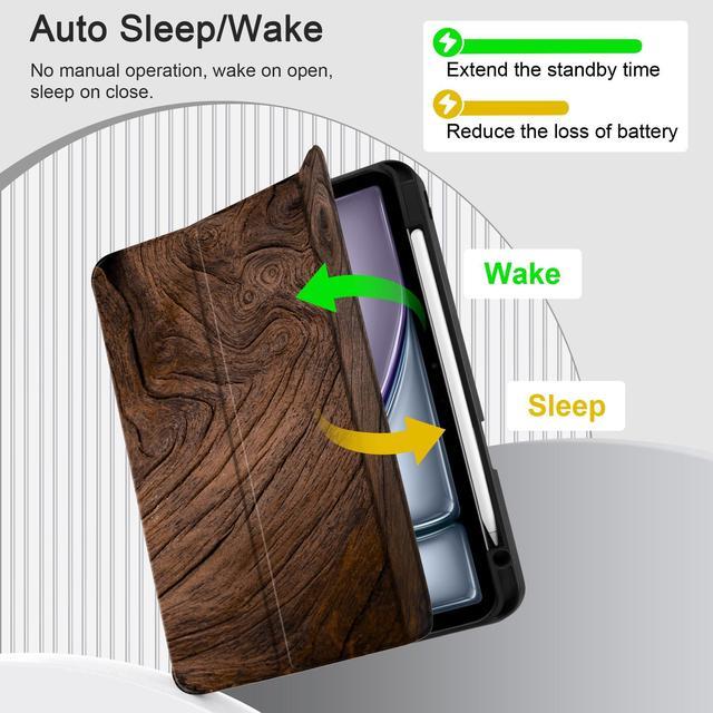 Alt view image 5 of 5 - DONGKE for iPad Air 13 Inch Case M3 2025, M2 2024 - [Built-in Pencil Holder] Slim Trifold Stand Shockproof Protective Cover with Soft TPU Back Support Auto Sleep/Wake - Wood Grain
