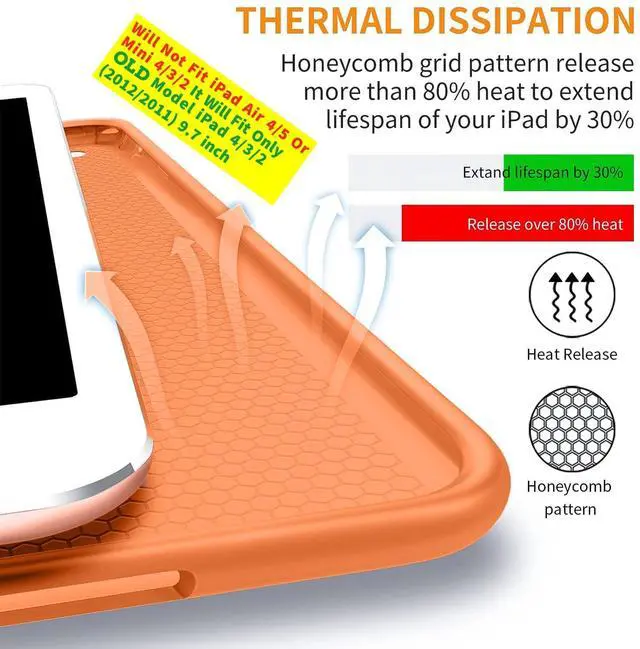 Alt view image 5 of 5 - DuraSafe Cases for iPad 2nd 2011 3rd 4th Gen 2012-9.7 [iPad 4 iPad 3 iPad 2 Old Model ] A1458 A1416 A1395 MC705LL/A MD328LL/A MD333LL/A Smart Auto Sleep/Wake with Honeycomb TPU Back Cover - Orange