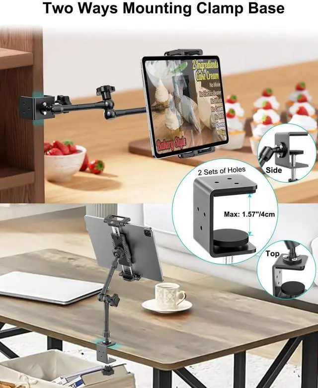 Alt view image 2 of 5 - Dosvsi Kitchen Cabinet Tablet Holder, [Up to 15.6"] 360deg Metal Arm Tablet Mount for Under Cabinet, Shelf/Desk/Counter Clamp Stand for iPad Pro 13 Air Mini, Galaxy Tab, Fire, iPhone, 6.1-15.6" Device