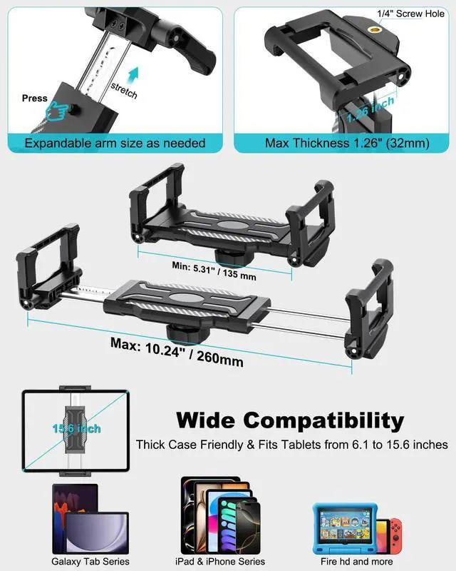 Alt view image 5 of 5 - Dosvsi Kitchen Cabinet Tablet Holder, [Up to 15.6"] 360deg Metal Arm Tablet Mount for Under Cabinet, Shelf/Desk/Counter Clamp Stand for iPad Pro 13 Air Mini, Galaxy Tab, Fire, iPhone, 6.1-15.6" Device