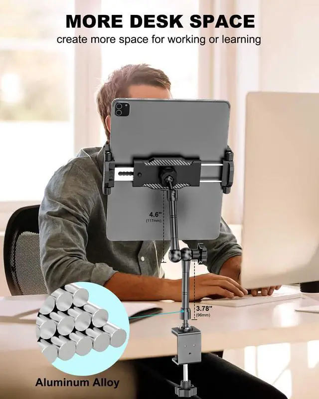 Alt view image 2 of 5 - Dosvsi Portable Monitor Holder for 15.6 inch Screen Desk Mount Metal Tablet Holder Clamp Stand with 360deg Adjustable Arm for 6.1-15.6'' iPad Pro 13/12.9/11 Air Mini, Portable Monitor 13-15.6", Galaxy