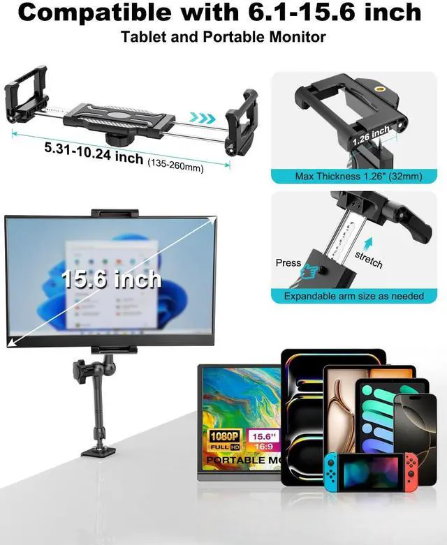 Alt view image 3 of 5 - Dosvsi Portable Monitor Holder for 15.6 inch Screen Desk Mount Metal Tablet Holder Clamp Stand with 360deg Adjustable Arm for 6.1-15.6'' iPad Pro 13/12.9/11 Air Mini, Portable Monitor 13-15.6", Galaxy