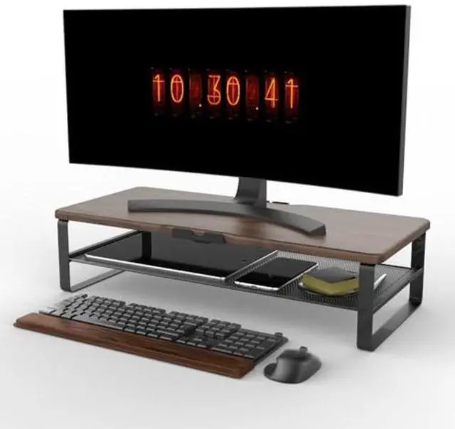 Alt view image 2 of 5 - Doowiit Monitor Stand for Desk, 2-Tier Monitor Stand Riser with Phone Holder and Cable Management - Desk TV Shelf, Laptop Printer, Desk Organizer Stand, for Home & Office (Wood Brown)