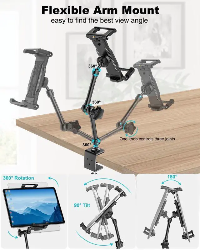 Alt view image 4 of 5 - Dosvsi Portable Monitor Holder for 15.6 inch Screen Desk Mount Metal Tablet Holder Clamp Stand with 360deg Adjustable Arm for 6.1-15.6'' iPad Pro 13/12.9/11 Air Mini, Portable Monitor 13-15.6", Galaxy