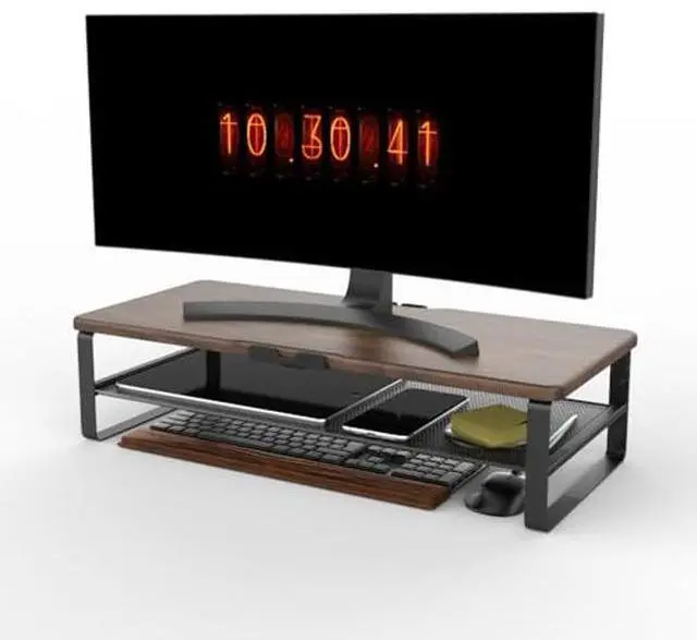 Alt view image 4 of 5 - Doowiit Monitor Stand for Desk, 2-Tier Monitor Stand Riser with Phone Holder and Cable Management - Desk TV Shelf, Laptop Printer, Desk Organizer Stand, for Home & Office (Wood Brown)