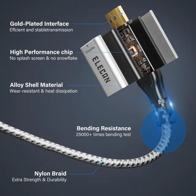Alt view image 3 of 5 - Elecan DisplayPort to USB-C Adapter Cable 10 Ft 4K@60Hz 2K 1080P, No USB Power Needed High Speed Uni-Directional DP Input to Type C Converter, Braided for Touch,iPad,Mac,Portable Monitor,VR/XR/AR+Ties
