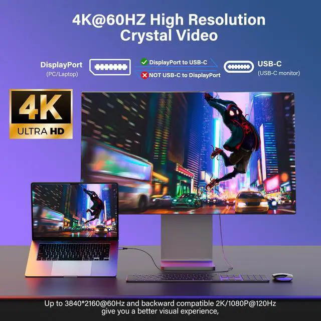 Alt view image 4 of 5 - Elecan DisplayPort to USB-C Adapter Cable 10 Ft 4K@60Hz 2K 1080P, No USB Power Needed High Speed Uni-Directional DP Input to Type C Converter, Braided for Touch,iPad,Mac,Portable Monitor,VR/XR/AR+Ties