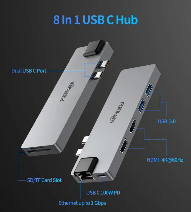 Alt view image 2 of 5 - USB C Hub Multiport Adapter for MacBook Pro 2019/2018/2017, 8 in 1 USB C to Dual HDMI Adapter 4K 60Hz, 1Gbps Ethernet, SD/TF Card Reader and 100W PD Port, Dual USB 3.0 Docking Station