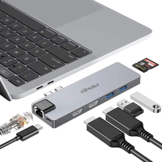 Main image of USB C Hub Multiport Adapter for MacBook Pro 2019/2018/2017, 8 in 1 USB C to Dual HDMI Adapter 4K 60Hz, 1Gbps Ethernet, SD/TF Card Reader and 100W PD Port, Dual USB 3.0 Docking Station