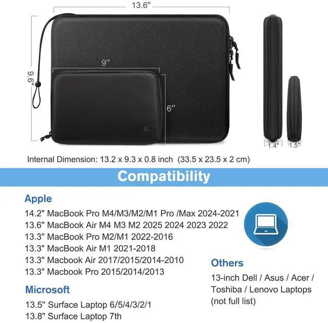 Alt view image 2 of 5 - FINPAC Hard Laptop Sleeve with Accessory Pouch Compatible with 13 inch MacBook Air M4 2025 M3 2024, 14 inch MacBook Pro M4/M3/M2, Surface Laptop Waterproof Case, Black