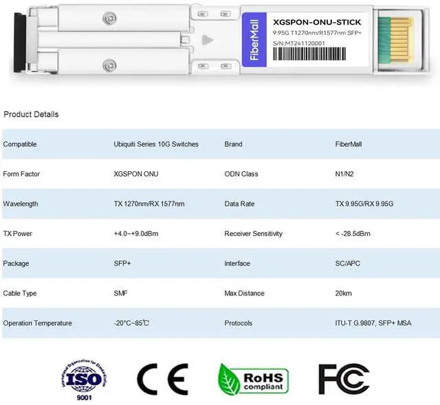 Alt view image 2 of 5 - XGSPON ONU Stick SFP+ with MAC Optical Transceiver,Version 8311,Compatible Ubiquiti Mikro-TIK Netgate TP Link 10G Switches and Routers SMF 9.953G-TX/9.953G-RX,1270 nm-TX/1577 nm-RX, 20km, SC/APC