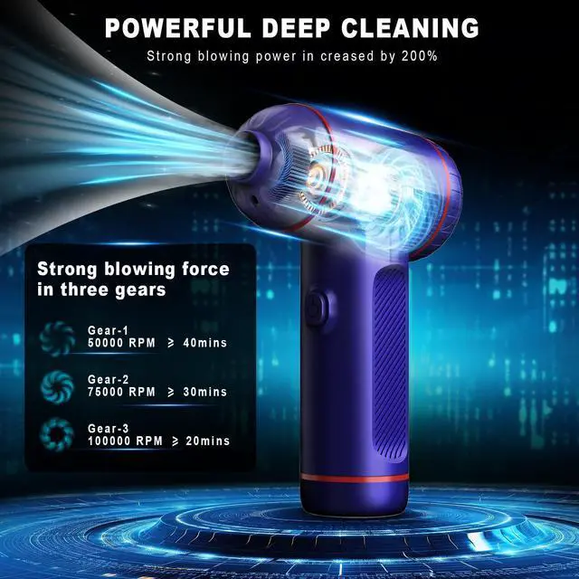 Alt view image 2 of 5 - Compressed Air Duster,3 Gear Adjustable 100000RPM Electric Air Duster, Rechargeable Cordless Air Blower with LED Light for Computer Keyboard Electric Devices Cleaning. Replaces Compressed Air Cans