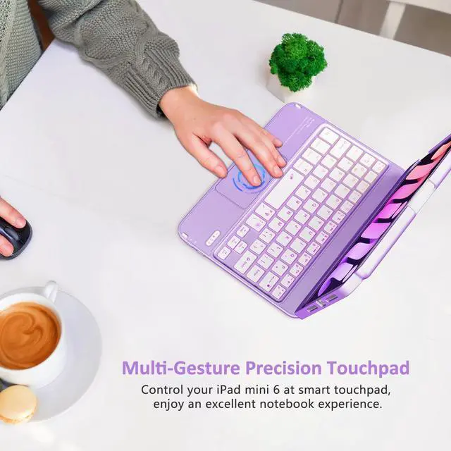 Alt view image 4 of 5 - FUWANG Touchpad Keyboard Case for iPad Mini 7 (A17 Pro 2024) & Mini 6th Generation 8.3 inch 2021-360deg Rotate Trackpad 7 Color Backlit with Pencil Holder Keyboard Case for iPad Mini 7/6th Gen, Purple