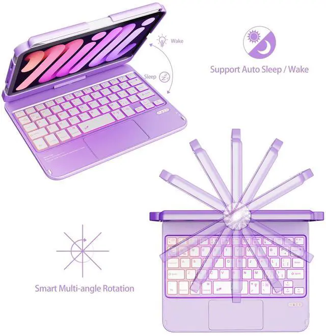 Alt view image 3 of 5 - FUWANG Touchpad Keyboard Case for iPad Mini 7 (A17 Pro 2024) & Mini 6th Generation 8.3 inch 2021-360deg Rotate Trackpad 7 Color Backlit with Pencil Holder Keyboard Case for iPad Mini 7/6th Gen, Purple