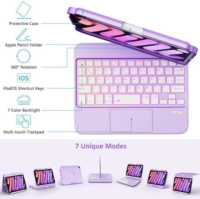 Alt view image 5 of 5 - FUWANG Touchpad Keyboard Case for iPad Mini 7 (A17 Pro 2024) & Mini 6th Generation 8.3 inch 2021-360deg Rotate Trackpad 7 Color Backlit with Pencil Holder Keyboard Case for iPad Mini 7/6th Gen, Purple
