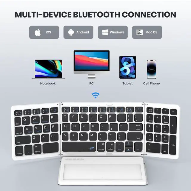 Alt view image 4 of 5 - GEODMAER Foldable Bluetooth Keyboard, Portable Full Size Folding Keyboard with Large Touchpad, Numeric Keypad, PU Leather, Wireless Travel Keyboard for Windows iOS Android Mac(Black-White)