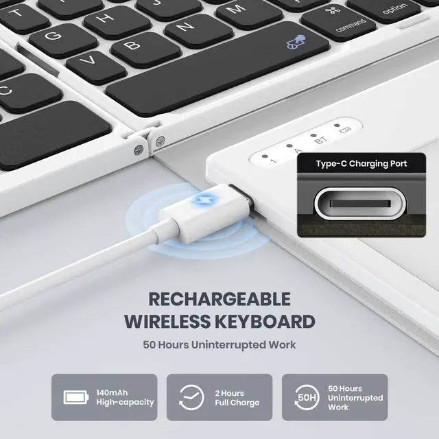 Alt view image 5 of 5 - GEODMAER Foldable Bluetooth Keyboard, Portable Full Size Folding Keyboard with Large Touchpad, Numeric Keypad, PU Leather, Wireless Travel Keyboard for Windows iOS Android Mac(Black-White)