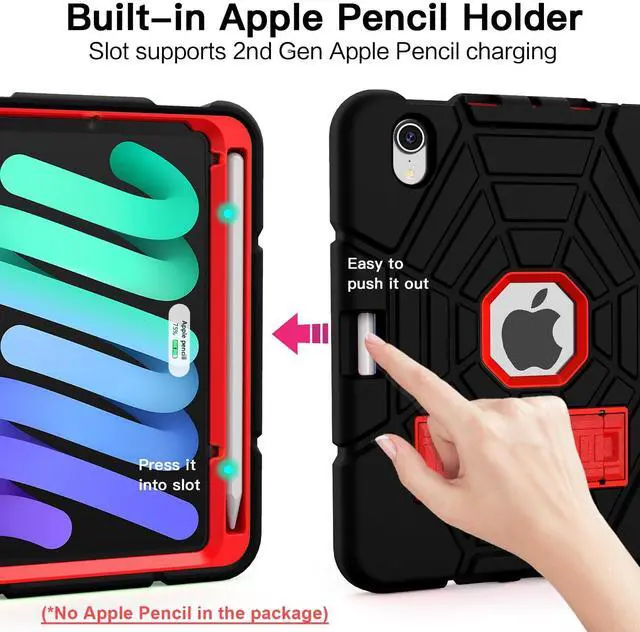 Alt view image 3 of 5 - Grifobes Case for iPad Mini 7th 2024 (A17 Pro) / Mini 6th Generation 2021 8.3", Heavy Duty Shockproof Cover with Pencil Holder Stand, for Mini 7/6 Gen 8.3 inch Case for Kids Boys (Black+Red)