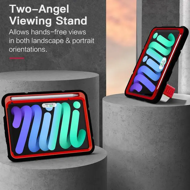 Alt view image 4 of 5 - Grifobes Case for iPad Mini 7th 2024 (A17 Pro) / Mini 6th Generation 2021 8.3", Heavy Duty Shockproof Cover with Pencil Holder Stand, for Mini 7/6 Gen 8.3 inch Case for Kids Boys (Black+Red)