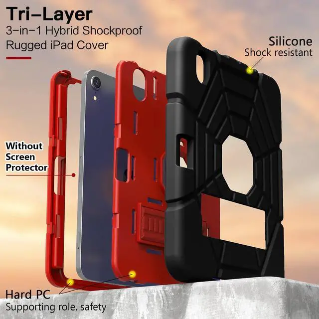 Alt view image 5 of 5 - Grifobes Case for iPad Mini 7th 2024 (A17 Pro) / Mini 6th Generation 2021 8.3", Heavy Duty Shockproof Cover with Pencil Holder Stand, for Mini 7/6 Gen 8.3 inch Case for Kids Boys (Black+Red)