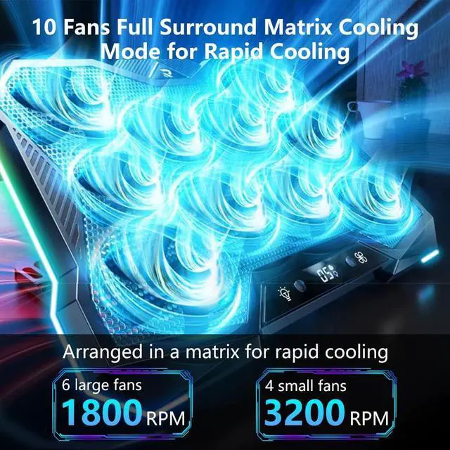 Alt view image 2 of 5 - G-STORY Gaming Laptop Cooling Pad, RGB Lights Laptop Cooler with 10 Powerful Turbo Fans for 12-18 Inch Notebooks,8 Height Adjustable Stand and 1 USB Port