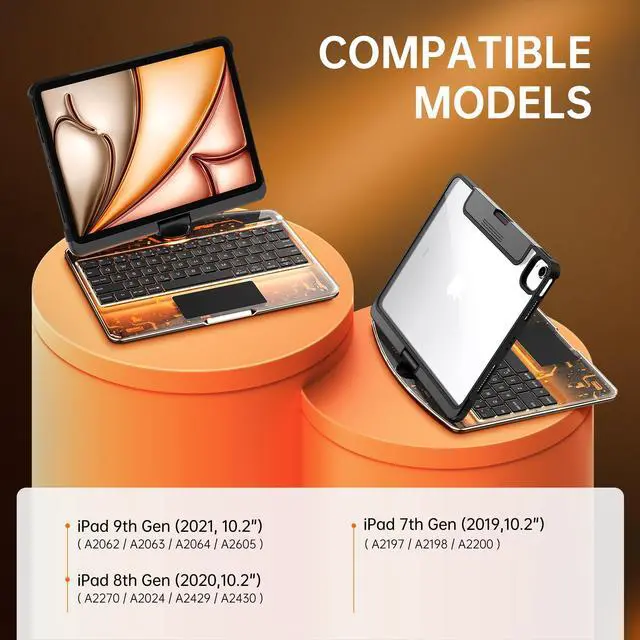 Alt view image 2 of 5 - GUSGU Transparent Case with Wireless Keyboard for iPad 10.2-in (7th, 8th, and 9th Gen), 7 Colors Backlight, Trackpad, 360degRotating Stand, Tech Style