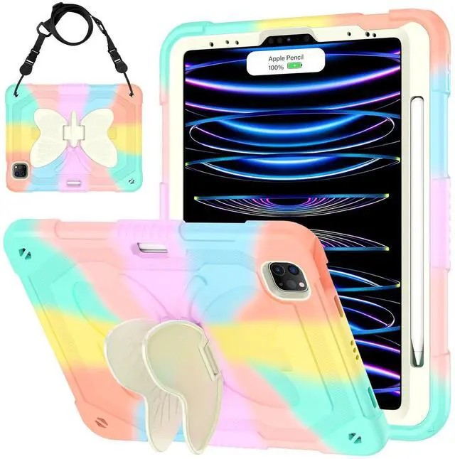Main image of HOGENL for iPad Pro 11 inch Case for Kids Girl with Pencil Holder,for iPad Air 5th/4th Generation Case 10.9" with Butterfly Stand Shoulder Strap Protective Cover for pro 11 4th/3rd/2nd/1st, Colourful